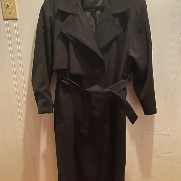 Vintage 80s 90s 100% Wool Black Trenchcoat Coat S M - Picture 6 of 6
